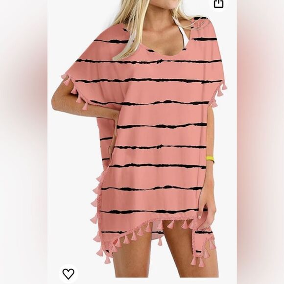 Yincro coral/black striped Chiffon Tassel Swimsuit Cover Up Beach - Picture 1 of 8